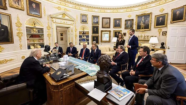 Ringen um Zölle: Donald Trump und die sechs Schweizer im Oval Office.