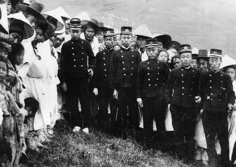 Japanese Gendarmes in Korea.   (Photo by Topical Press Agency/Getty Images)