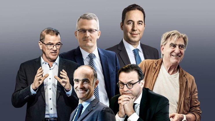 Tops und Flops im Jahr 2020: Pierre-Alain Ruffieux (oben links, Lonza, +54%), Paul Schuler (Mitte links, Sika, +26%), Gilles Andrier (unten links, Givaudan, +19%), Christian Mumenthaler (oben rechts, Swiss Re, -25%), Nick Hayek (Mitte rechts, Swatch Group, -15%), Patrick Frost (unten rechts, Swiss Life, -18%)