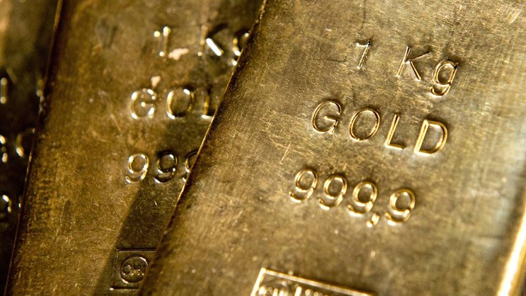 Goldbarren im Tresor des Goldhandels Pro Aurum in München.
