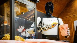 Der humanoide Roboter «Optimus» von Tesla beim Abfüllen von Popcorn in eine Tüte (12.12.2025).