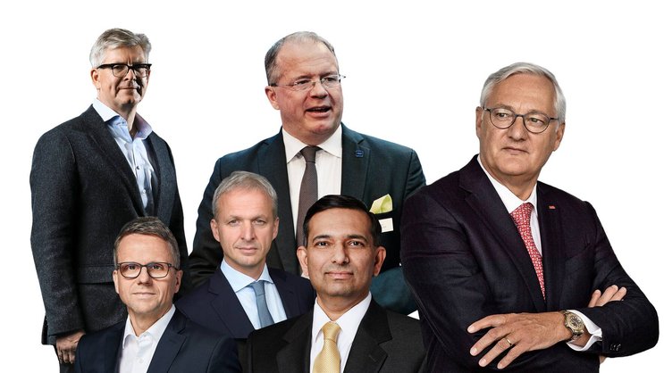 Schaulaufen: ABB-Präsident Peter Voser (rechts) auf CEO-Suche. Denkbare Kandidaten sind zum Beispiel Börje Ekholm, Martin Lundstedt (oben, v.l.), Peter Terwiesch, Greg Poux-Guillaume, Tarak Mehta (unten, v.l.).
