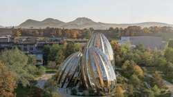 Das Herzstück des neuen «Parc du chocolat Cailler»: drei Gewächshäuser in Form von Kakaobohnen.