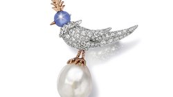 Keck: Brosche aus Platin und Roségold mit semi-barocker Perle, einem unbehandelten Sternsaphir und Diamanten.