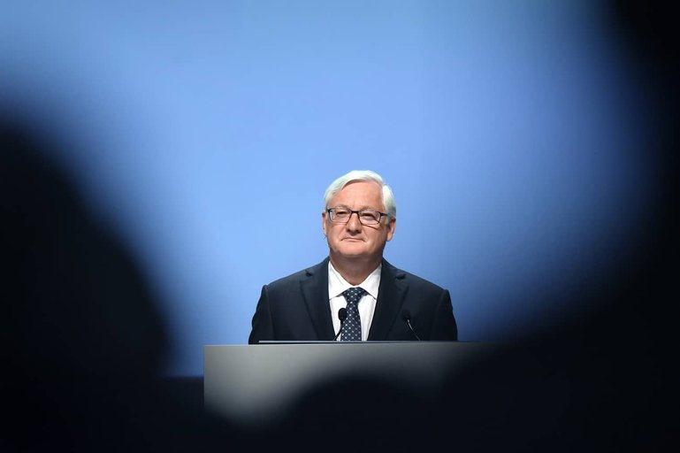 Peter R. Voser, Chairman and interim CEO of ABB Ltd., speaks during the company's annual shareholder meeting in Zurich, Switzerland, 02 May 2019. (KEYSTONE/Walter Bieri)