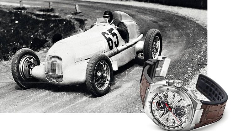 Pfeilschnell am Klausen: Rudolf Caracciola 1934; IWC-Chronograph Silberpfeil (u.).