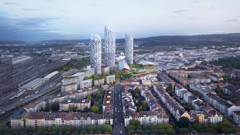 Auf dem Dreispitz Nord in Basel sind die drei höchsten Wohnhäuser der Schweiz geplant.