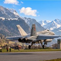 F/A-18 Hornet der Schweizer Luftwaffe im Steigflug: Symbol für das steigende Rüstungsbudgets in einer sich verändernden Weltordnung.