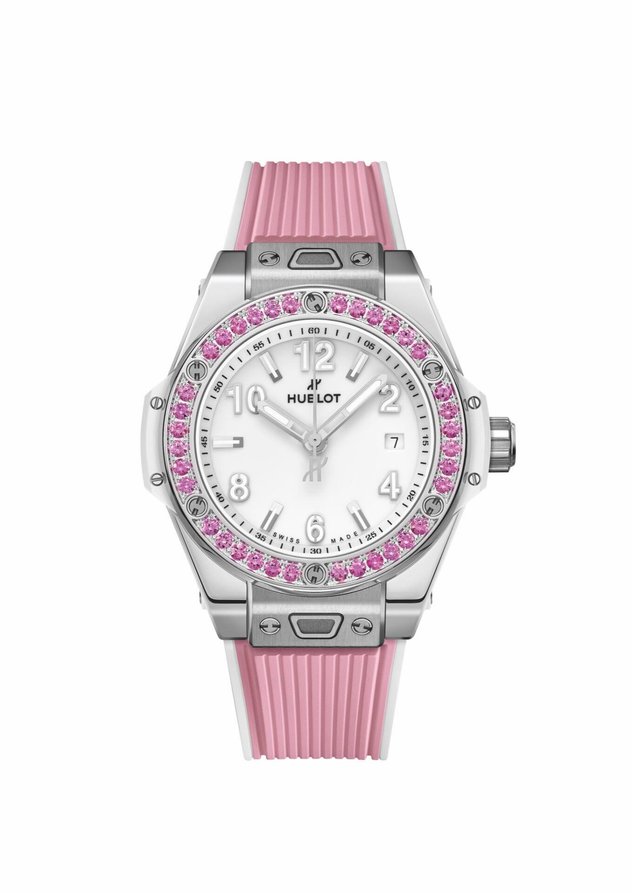 Big Bang One Click Joyful, 33-mm-Edelstahlgehäuse, Automatikkaliber, Lünette mit 36 pinken Saphiren; Preis 12900 Fr.